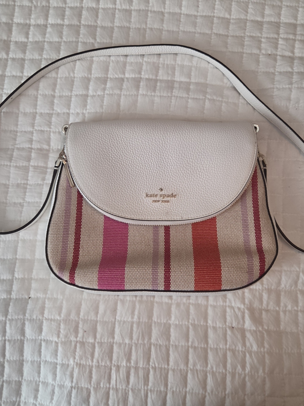 Kate Spade White Leather & Striped Canvas Crossbody Bag